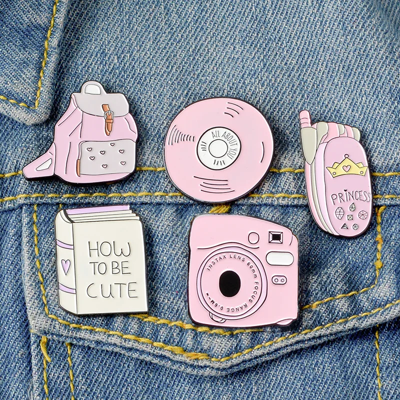 Cartoon Pink Digital Camera Compact disc Backpack Mobile phone Book Brooch wholesale Pins For Clothes Metal Pin Badges