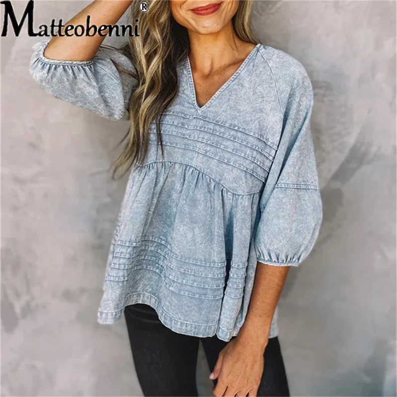 

Women Denim Shirt V Neck Lace Up High Street Shirt Tops Stripes 3/4 Sleeve Vintage Fashion Summer Loose Ladies Backless Blouse