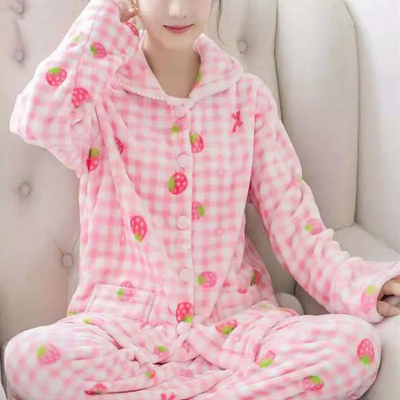Winter Women's Flannel Pajama Pants Set High Quality Guaranteed Loose Comfortable Elastic Waist Cute Cartoon Top Pants 2 Pieces/