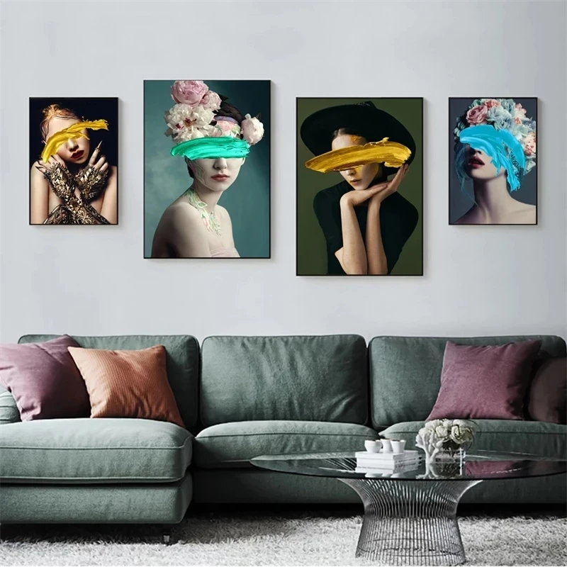 

Fashion Woman Poster Wall Art Vogue Blindfolded Flower Sexy Girl Wall Paintings on Canvas Modern Picture Office Home Wall Decor