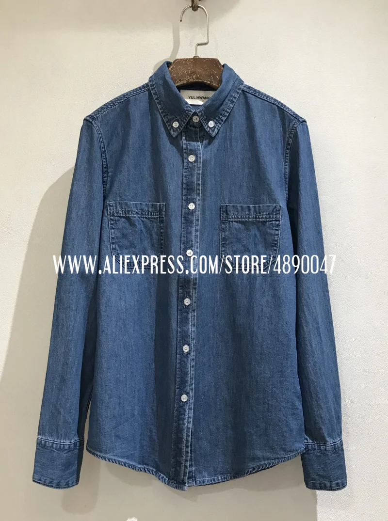 

women's Blue shirts long-sleeved spring autumn Casual thin denim cotton shirt solid color loose boyfriend style shirts