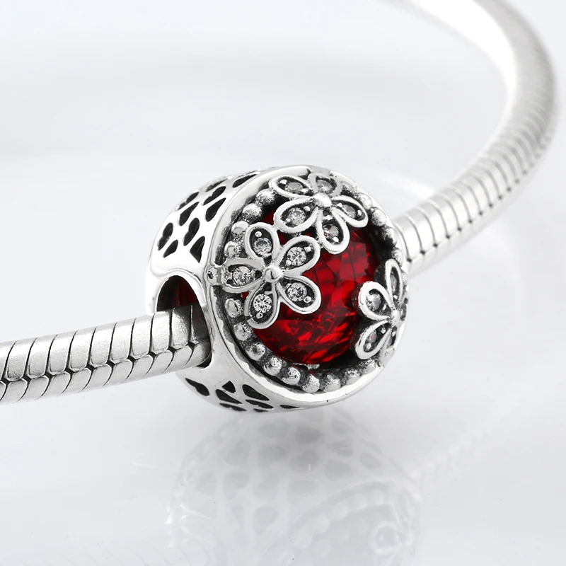 Модное серебро 925 пробы полое сердце три цветка глубокий красный CZ бисер подходит