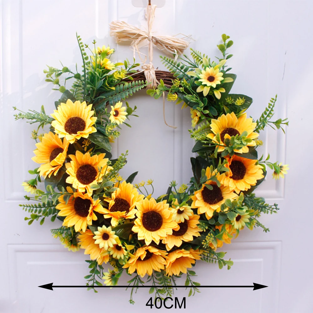 

Artificial Yellow Sunflower Wreath With Green Leaves For Front Door Indoor Outdoor Wall Wedding Home Decoration