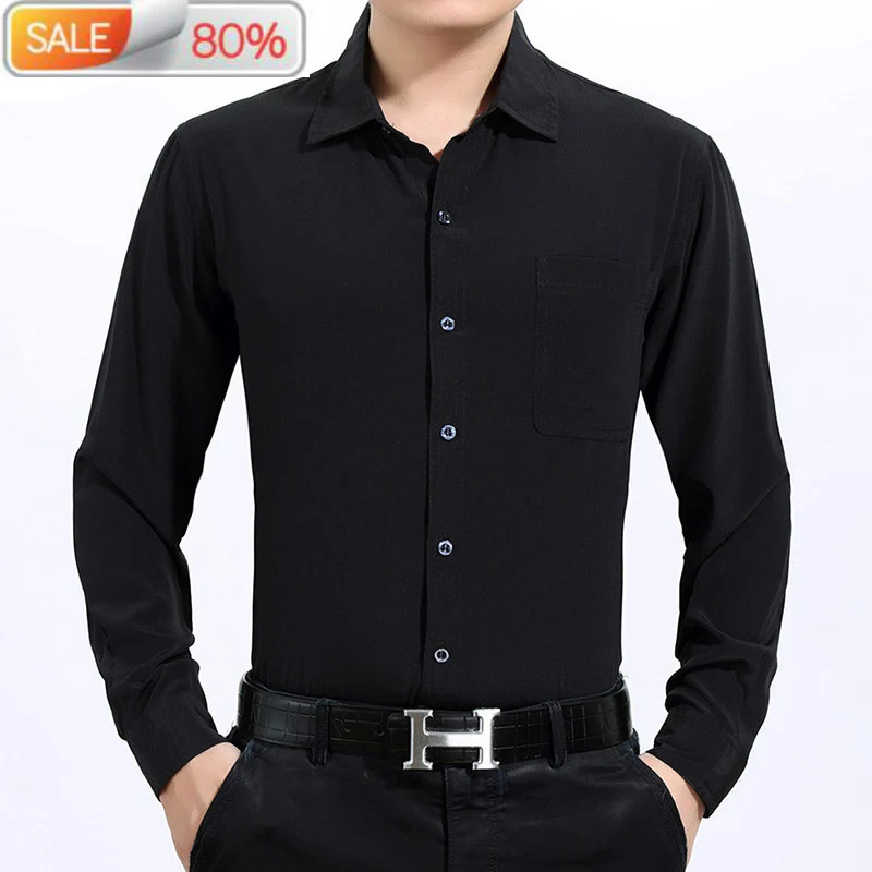 100% Silk Summer Men White Black Long Sleeve Shirt Formal Mens Dress Shirts Plus Size Camisa Hombre 3400 B21945