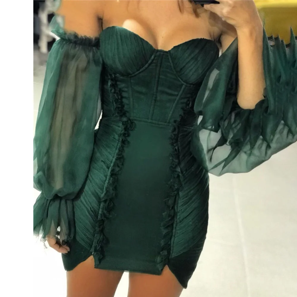 

Laxsesu Green Sweetheart Prom Dress Puff Long Sleeves Pleats Short Cocktail Party Dress Modern Night Club Gown 2022