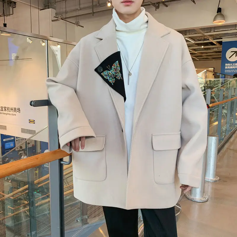 

2020 Winter Men's Embroidered Snow Jackets Cashmere Long Wool Trench Coats Yellow Parkas Loose Cotton-padded Clothes Size S-2XL