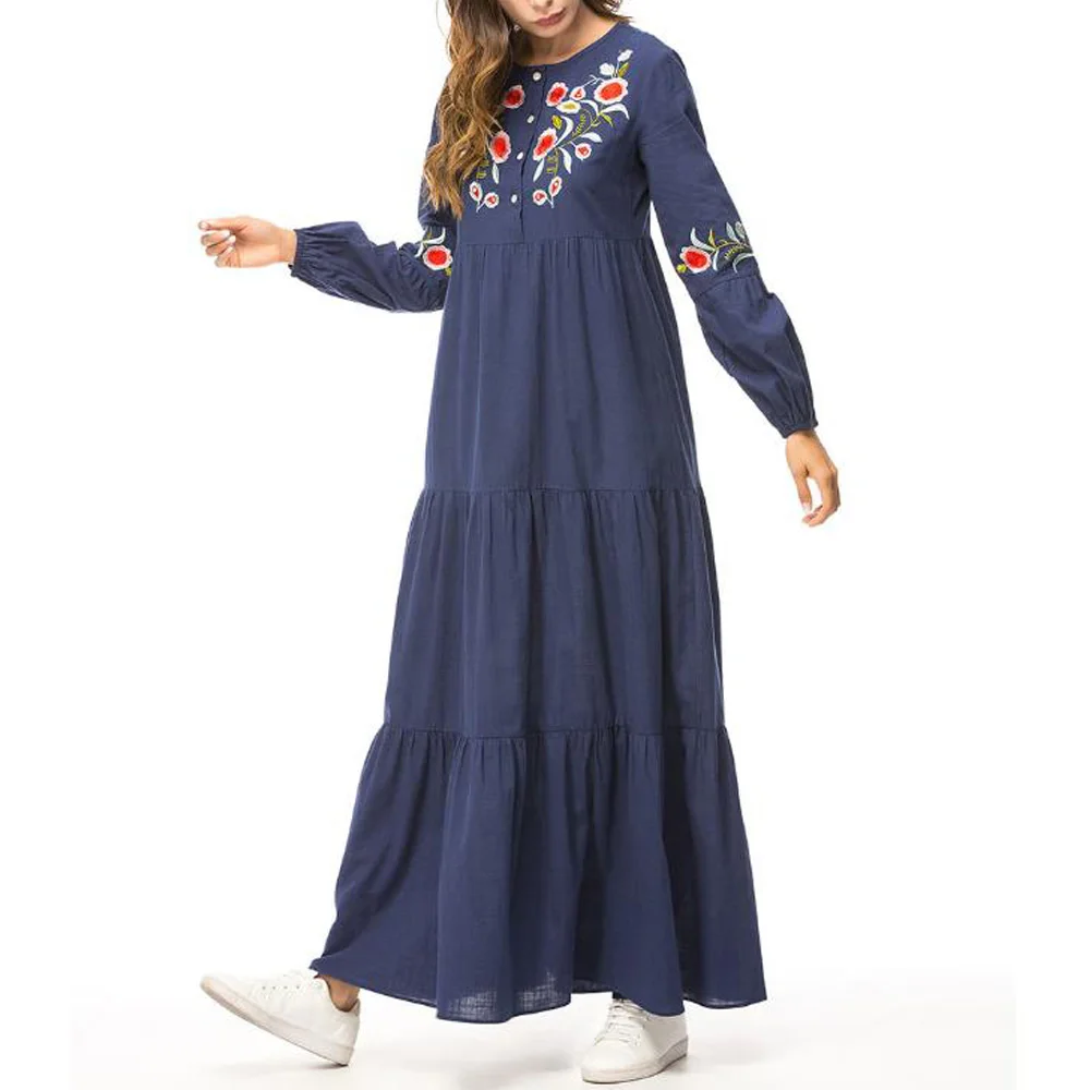 Plus Size Loose Kaftan Dress Vintage Floral Embroidery Muslim Maxi Long Sleeved Large Women Robe Longue Femme | Женская одежда