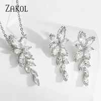 zakol new 3 color cubic zirconia leaf earrings necklace set for women elegant bridal wedding party jewelry dress fssp3064