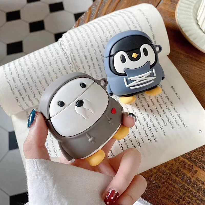 3D Smooth Silicone Cute Penguin/Sea Lion With Fashionable Fleece Earphone Case For Airpods1/2Pro Buy One Get Anti-lost Ring Free |