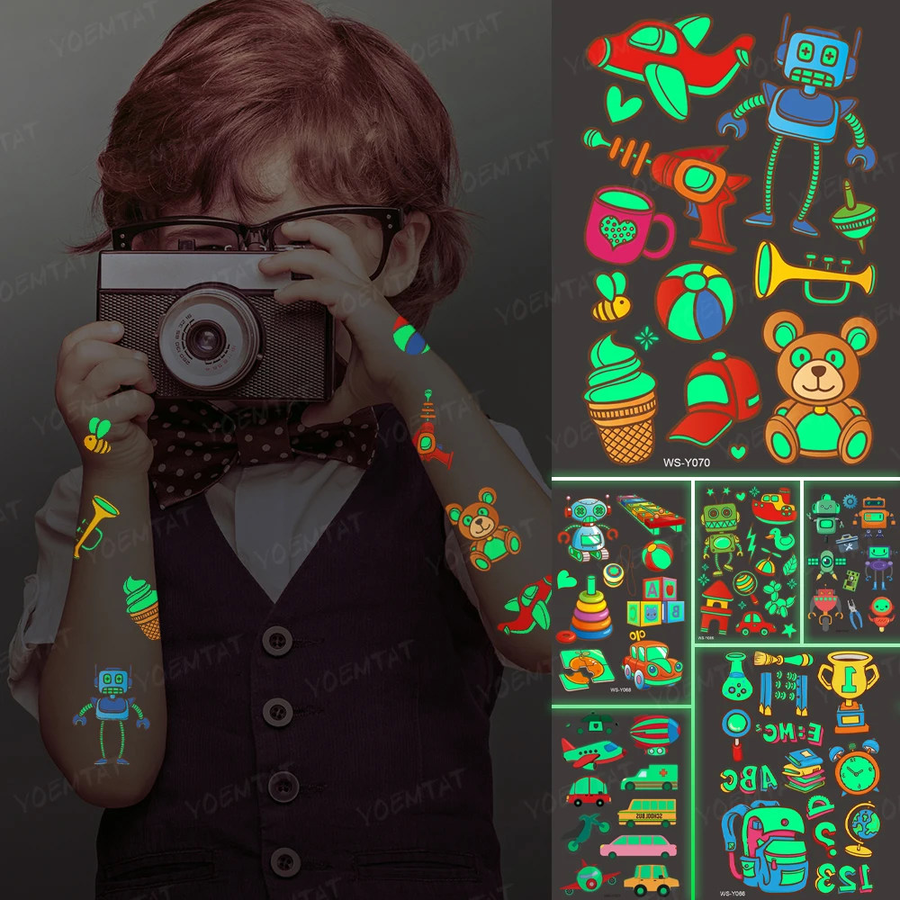 

Luminous Glitter Tattoo Stickers Robot Car Toy Children Temporary Waterproof Star Tatto Body Art Cute Kid Cartoon Fake Tatoo