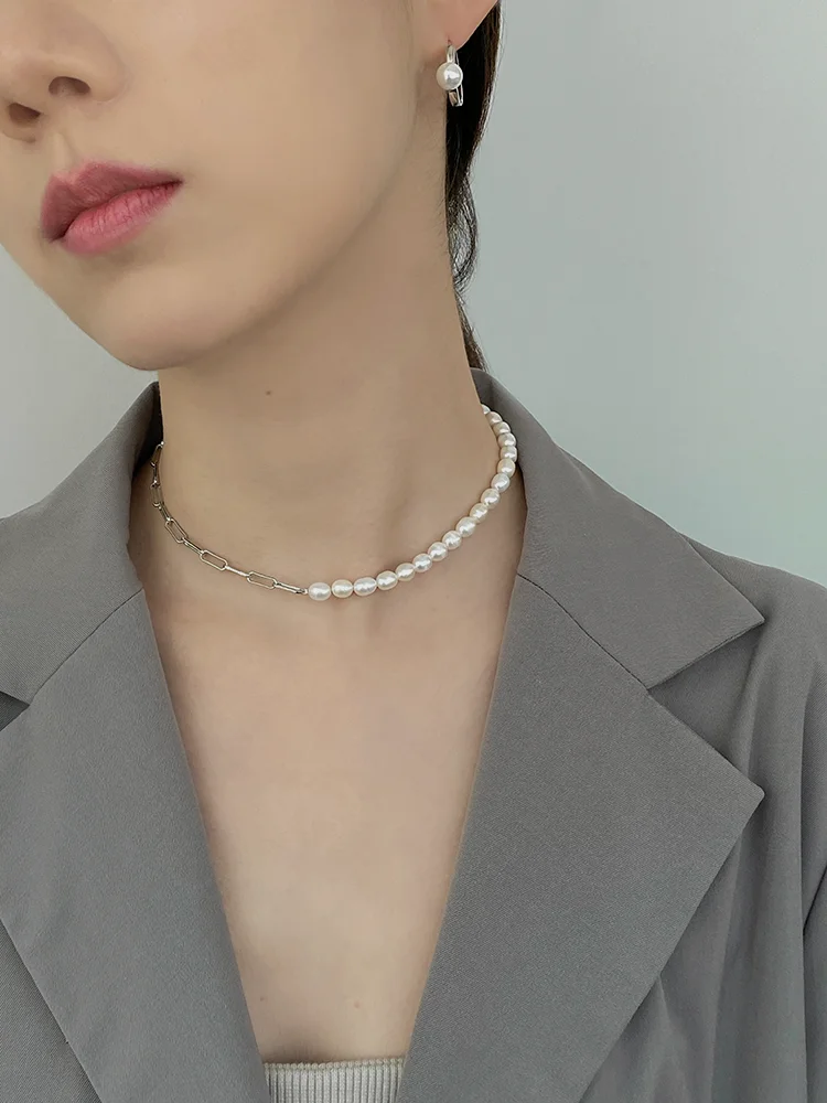 

Titanium With 18K Gold Real Natural Baroque Pearl Necklace Wowen Jewelry Party Designer T Show Runway Gown Japan Korean Fashion