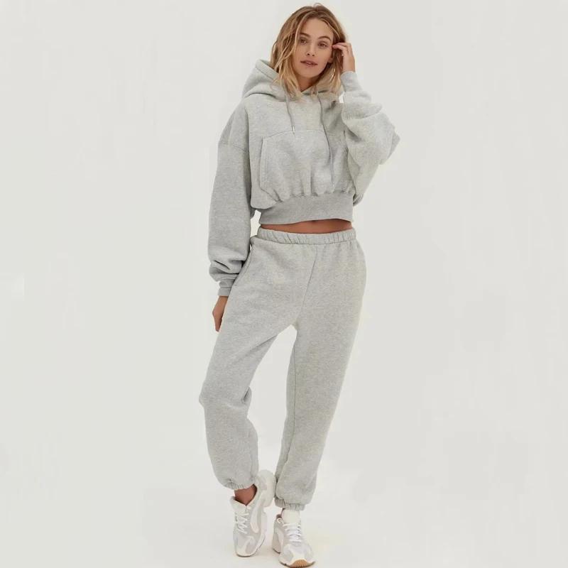 

Women Drop Shoulder Kangaroo Pocket Fleece Hoodie & Sweatpants Set For Winter