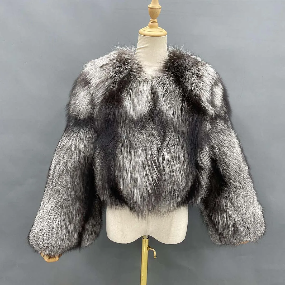 

Real Sliver Fox Short Outwear V-Neck Fox Fur Coat Winter Warm Women Coat Custom Made Size