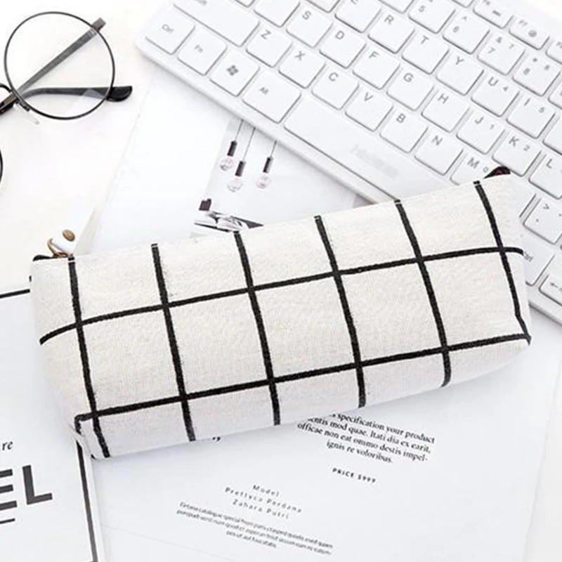 

Home Canvas Geometric Pencil Bag Case School Simple Striped Grid Solid Color Pencil Bag Case Pouch Office Students