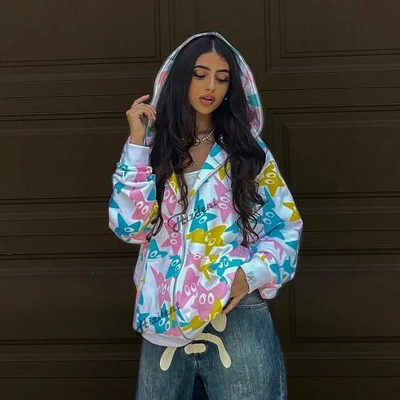 Женская толстовка с капюшоном белая в стиле Харадзюку принтом звезд на молнии