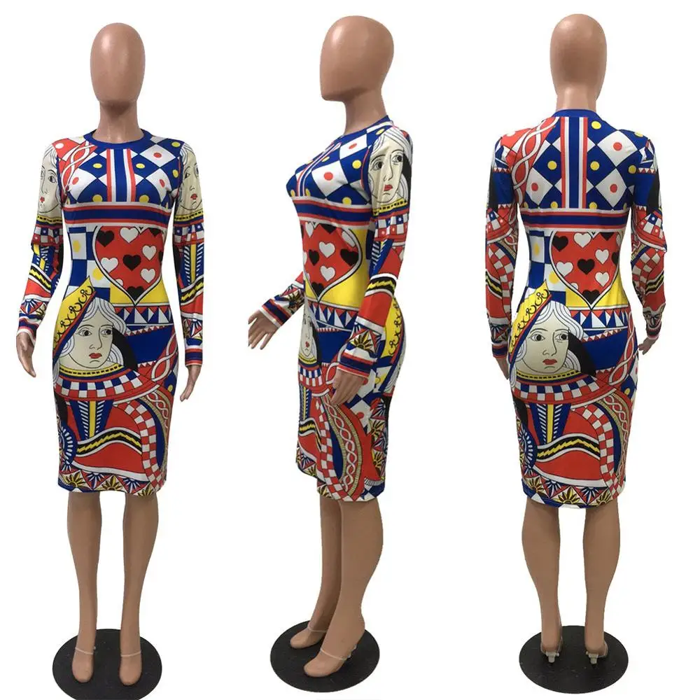 

Casual Poker Playing Cards Vintage Chain Print Midi Dress Women Elegant Long Sleeve O-neck Bodycon Dresses Streetwear Vestidos