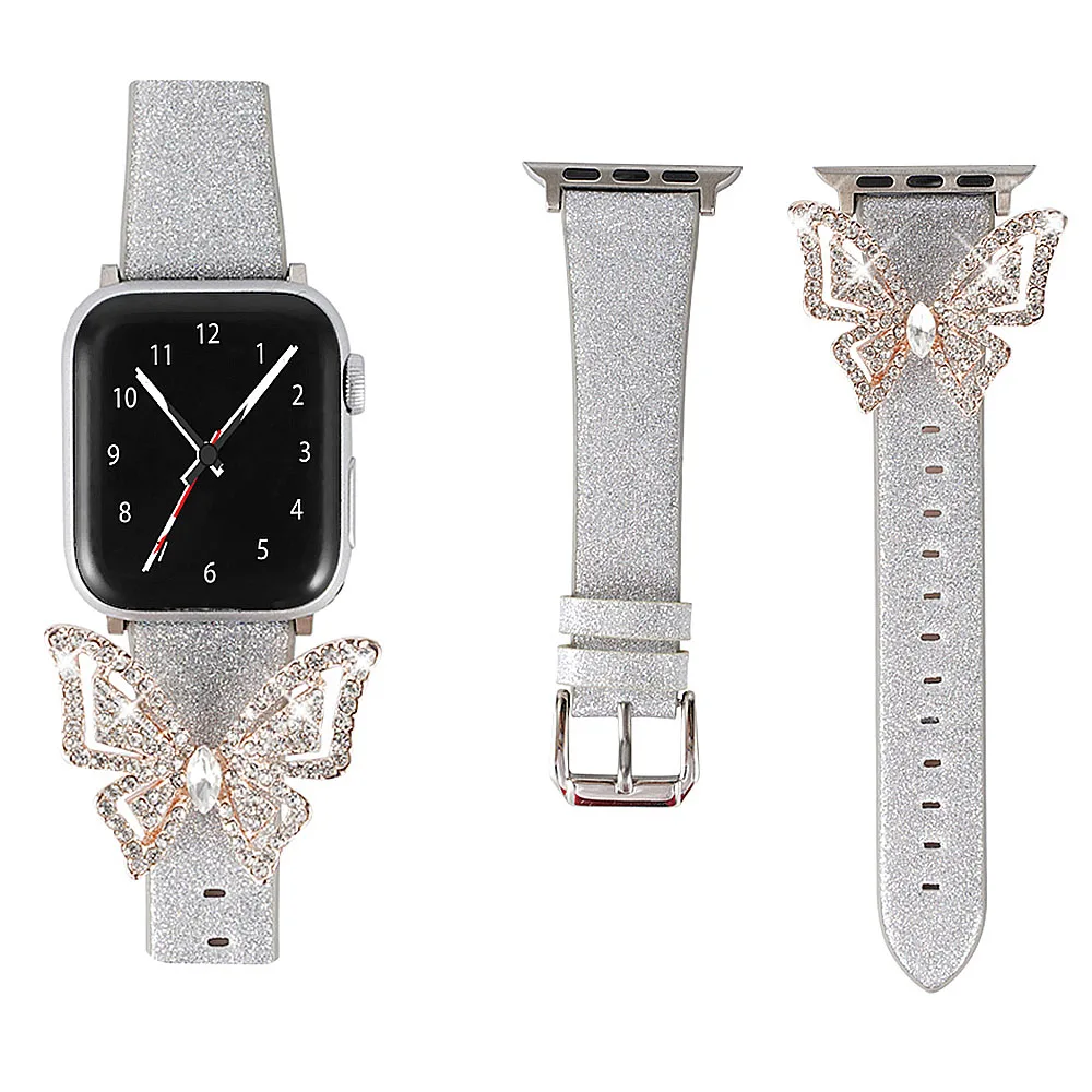 Блестящий кожаный ремешок с бабочкой для Apple Watch Band Series 1 2 3 4 5 6 SE браслет со