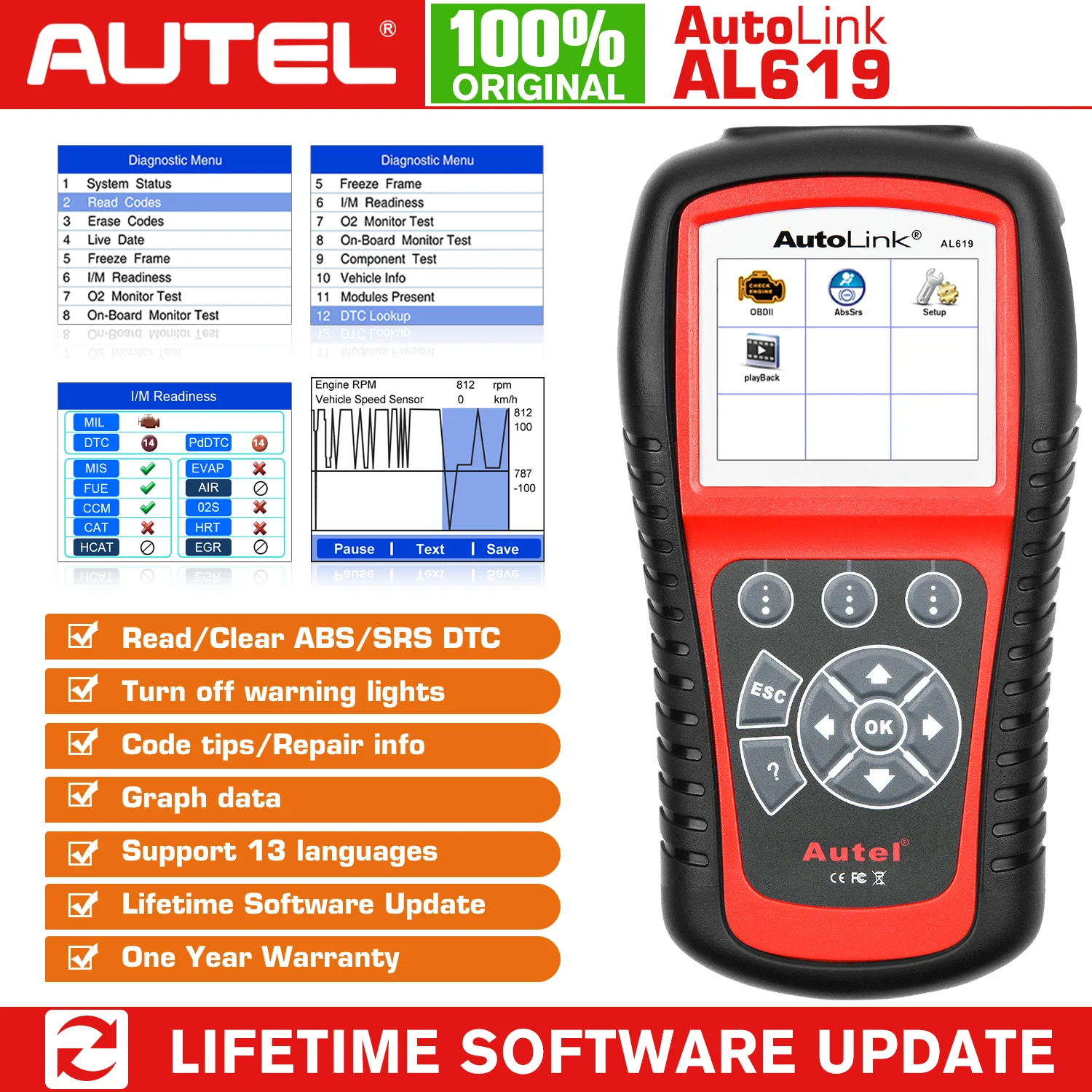 Автомобильный сканер Autel AutoLink AL619 ABS SRS Airbag OBD2|Диагностические сканеры для