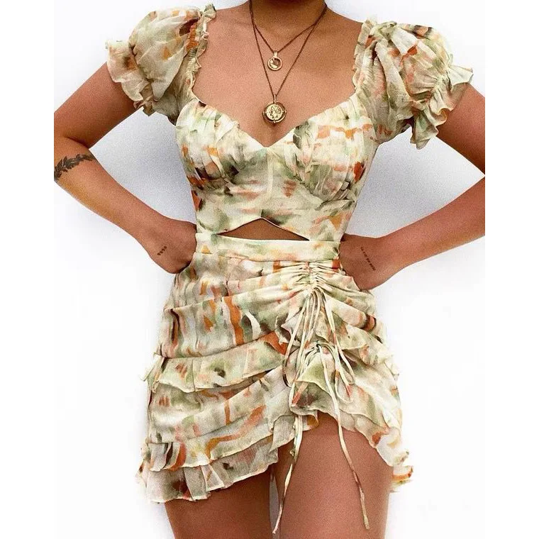 

WEPBEL Dress Women's Sexy Tie-Dye Print Slim Fit Ruffled Stitching Dress Summer Puff Sleeve V-neck Hollow Out Pleated Dress