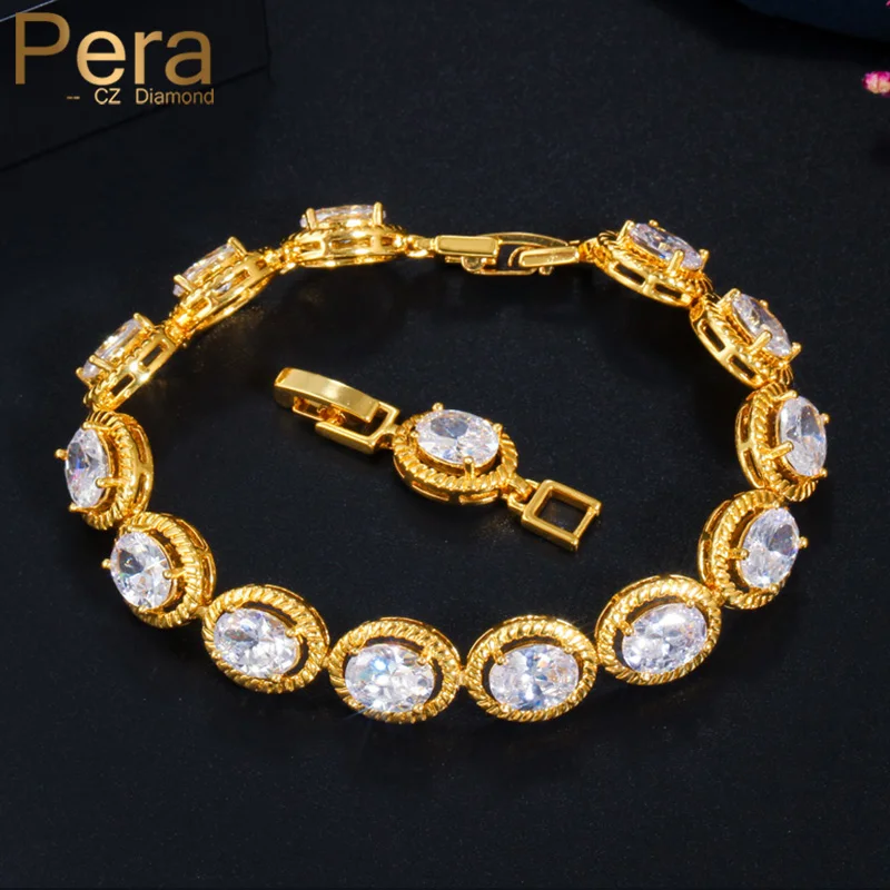 

Pera African Yellow Gold Colour Shiny Big Oval CZ Crystal Charm Link Chain Bracelets Bangles for Women Party Jewelry Gift B177