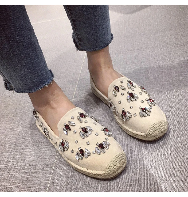 Fashion Hemp Loafers Women Espadrilles Flats Shoes Sewing Rhinestone Round Toe Ladies Casual Moccasins Slip On Brand Style New