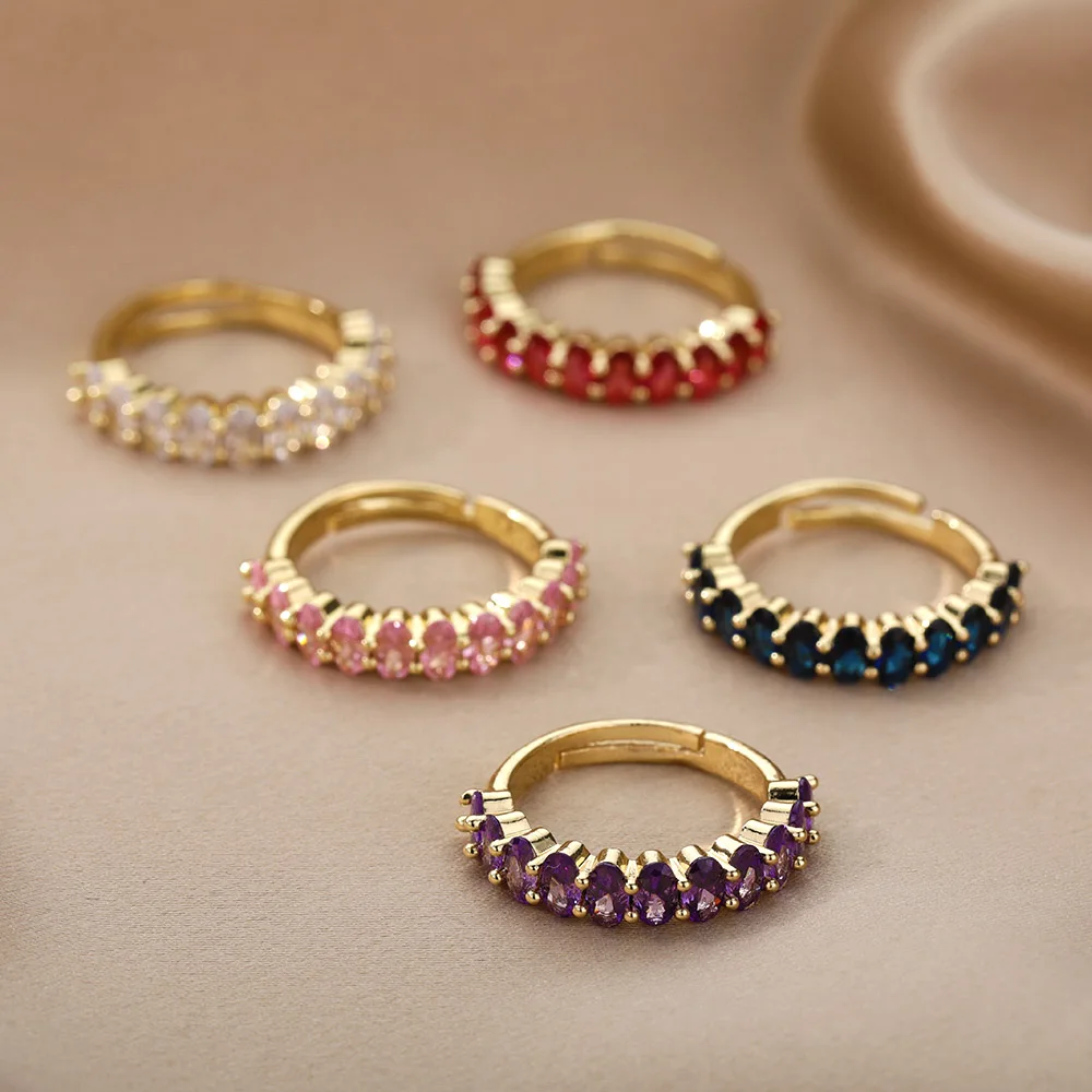 

Colorful Geometric Crystal Oval Zircon Rings For Women Gold Wedding Couple Ring Adjustable CZ Stone Cocktail Rings Boho Jewelry