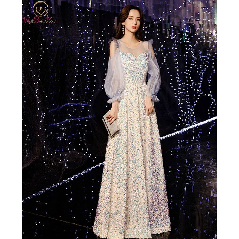 

Long Party Dresses Abendkleider 2021 Sequined Blue Tulle Full Sleeve Bling A Line Off Shoulder Sheer Neck Evening Gowns Custom