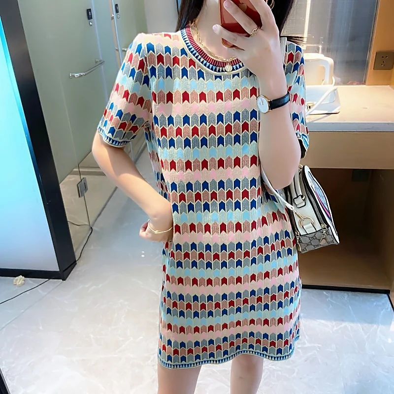 

Fashion Runway Design Plaid Knitted Dress Women's Short Sleeve O-neck Pullover Dress Vintage Sweater Mini Dress Vestidos