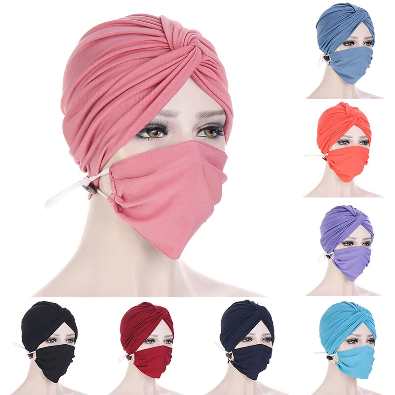 

Yoga Turban Hat Face Mask Button Sports Sweat Band Twist Cap Hair Guard Bonnets Women Hijab Fashion Dustproof Muslim Scarf Cap