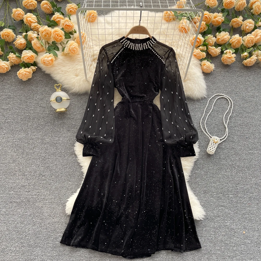 

Women Retro Velour Dress Design Elegant Diamonds Party Dresses 2021 New Autumn Fashion A-line Streetwear Long Dress