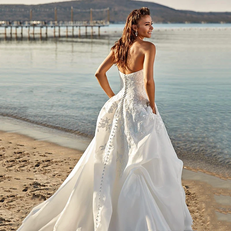 

BAZIIINGAAA Simple Wedding Dress Lace Little Beading Strapless Dress Luxury Wedding Gowns Bridal Can Be Washed Bride Dresses