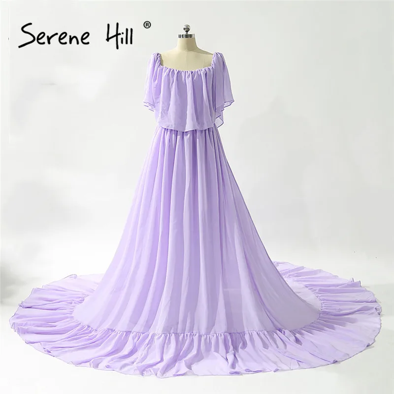 Простое фиолетовое шифоновое вечернее платье с оборками новый стиль 2020 для