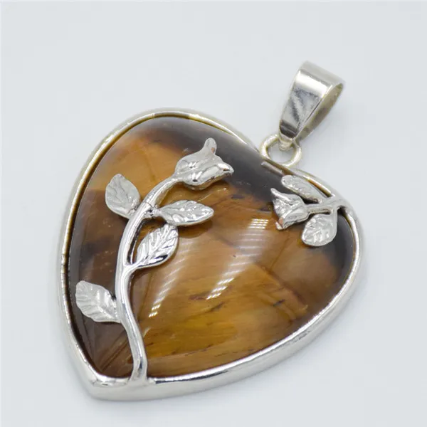 tiger eye stone Романтический покрытый серебром натуральный камень Lapis розовый кристалл кварца Любовь Сердце цветок кулон для женщин ожерелье ювелирные изделия - Окраска металла: tiger eye stone