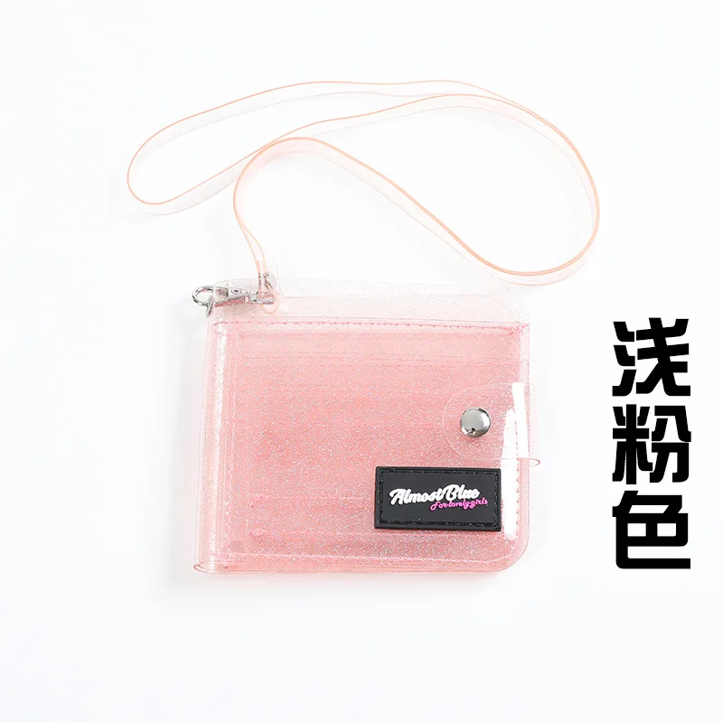 light pink Ins посылка для документов, прозрачный ПВХ держатель для карт, складной висящий на шее маленький кошелек, короткая модная женская посылка для карт - Цвет: light pink