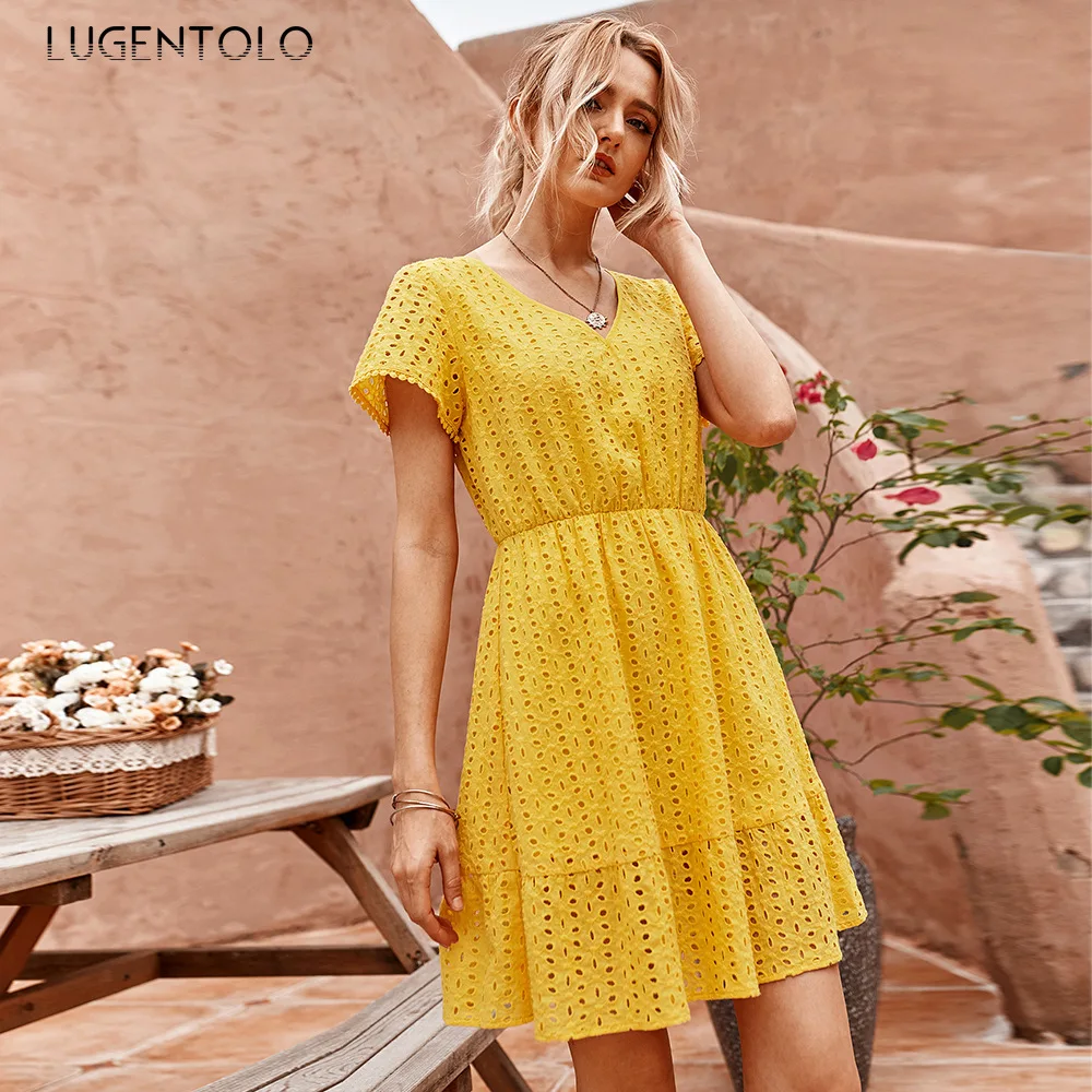 Lugentolo летнее женское шикарное платье с высокой талией и вырезами темпераментные