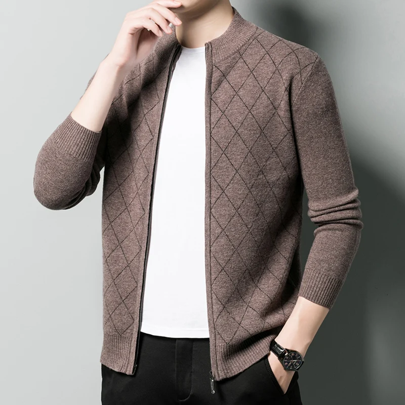 2021 Men's Cashmere Cardigan Autumn & Winter Fashion Plaid 100% Wool Knit Jacket Male Zipper Sweater Cardigan Long Sleeve Coat