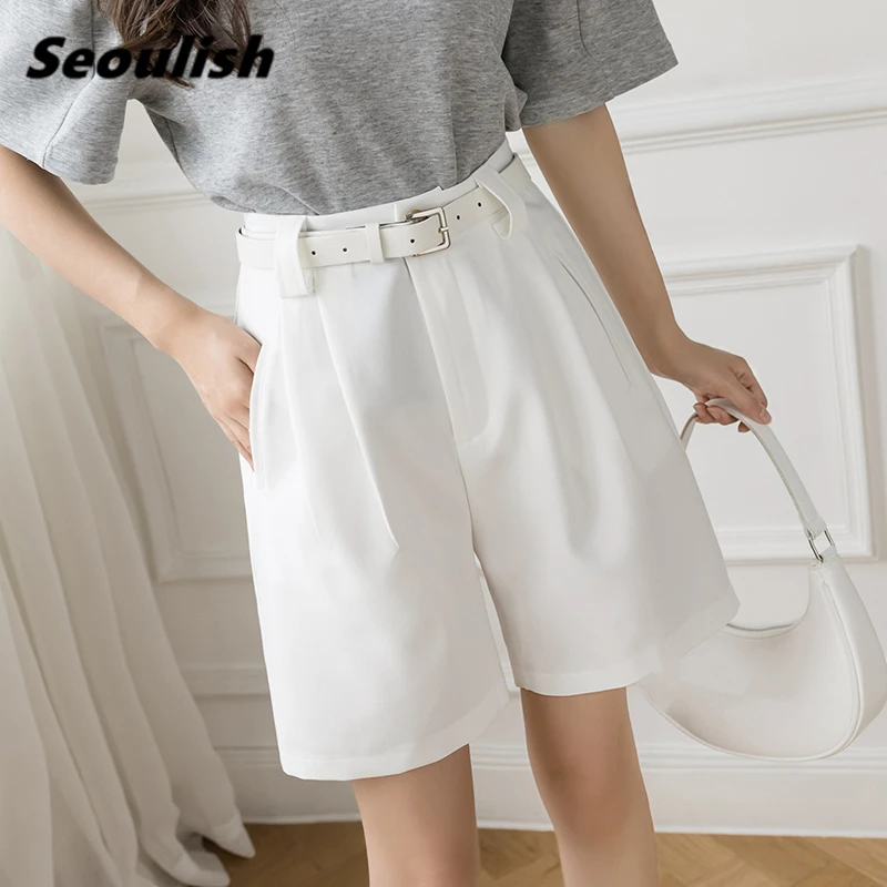 

Seoulish Summer 2021 New White Suit Half Pants with Belted High Waist Chic Wide Leg Pant Casual Loose Female Trousers Pockets