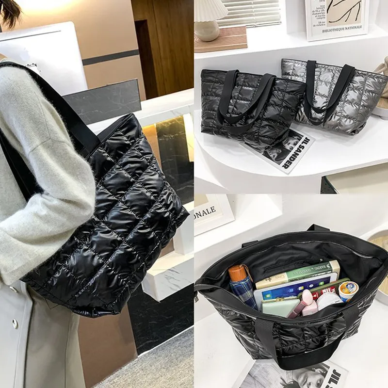 Autumn and winter new down feather rhombus bag large capacity tote Korean casual shoulder big |