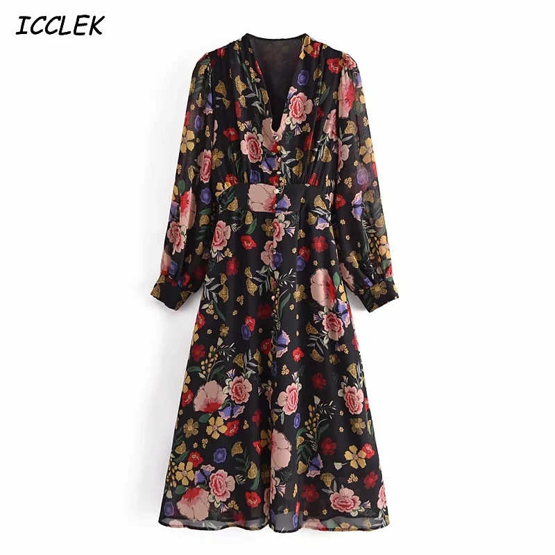 

Za Women's Dresses High Waist Vestidos Vintage Femme Robes Loose Floral Long Sleeves Midi Dress V neck Elegant Office Ladies TRF