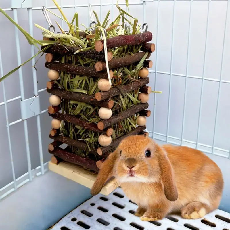 Wooden Hay Manger Rabbit Feeder Bite Resistant Chew Toy Grass Frame Hanging Hamster Hay Rack Reduce Waste for Rabbits Chinchilla