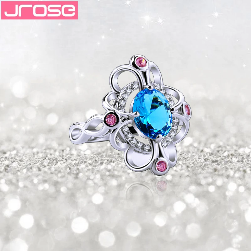 

JROSE Wholesale Hot New Fashion Oval Cut Fire Mystic Rainbow White Blue Pink Purple Cubic Zirconia Silver Ring Size 6 -13 Lovers