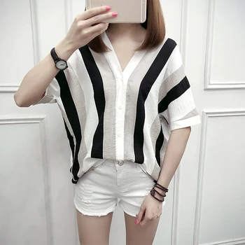 Women Striped Blouse Shirt Half Sleeve Blouse V-neck Shirts Casual Tops Blouse et Chemisier Femme Blusas Mujer de Moda 1