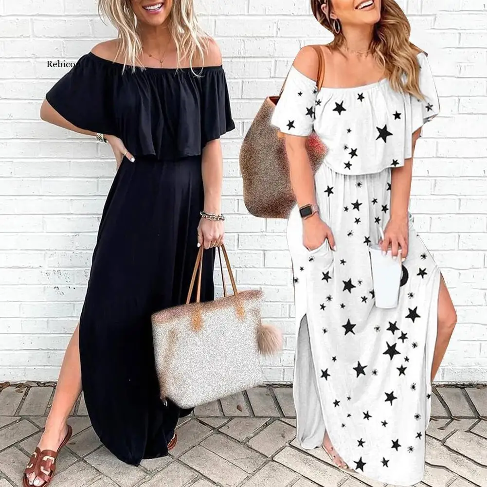 

Women Summer Off Shoulder Short Sleeve Stars Print Ruffled Hem Party Long Dress Irregular slit dress