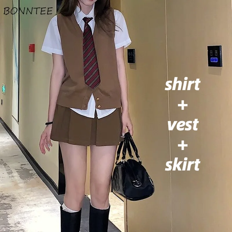 

Women Sets Summer College Short Sleeve Shirt A-line Skirt Tie Solid Vest Simple All Match Fashion Korean Style Cozy Girlish Ins