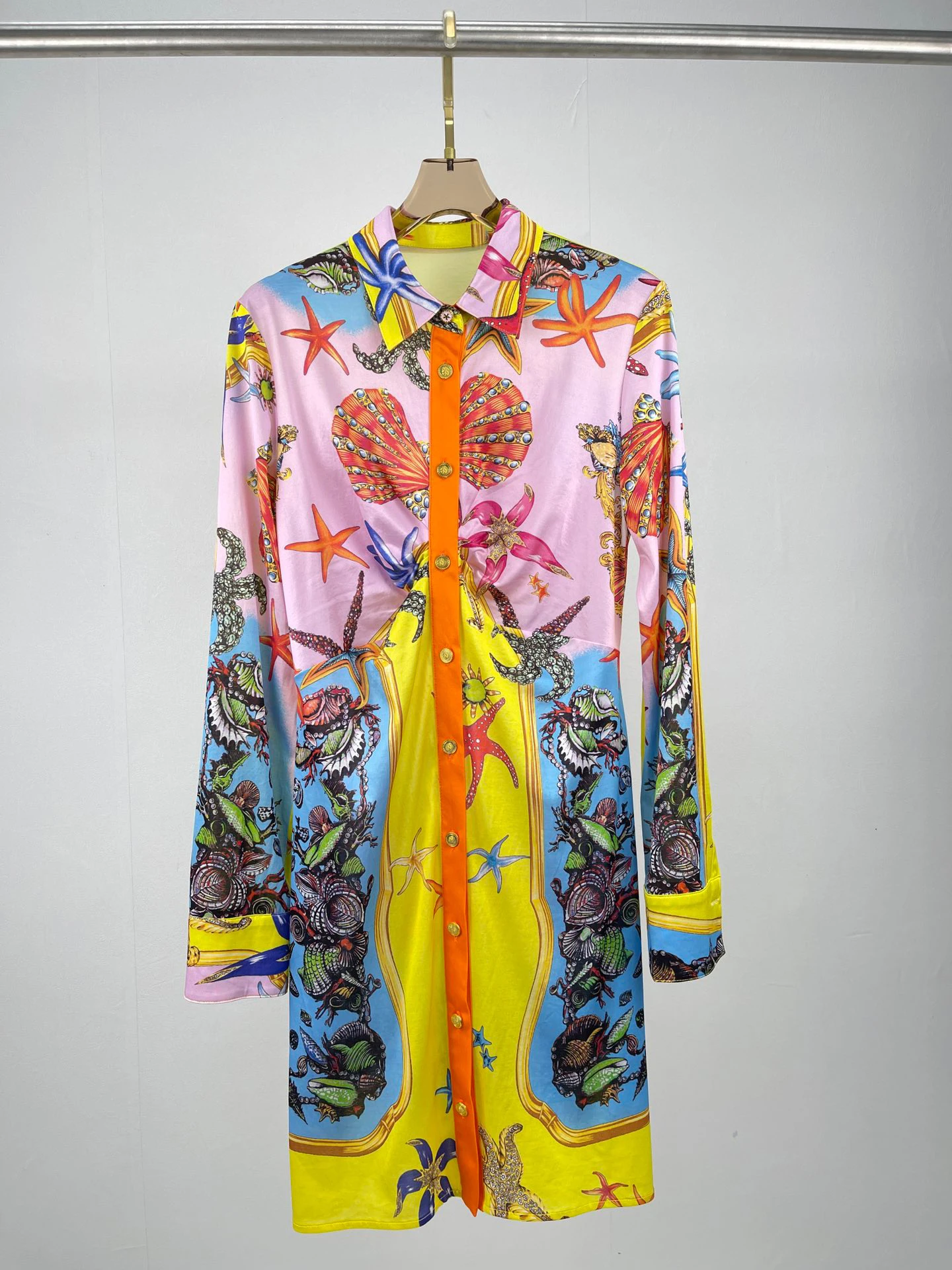 

2021 New Fashion Classical Long Sleeve Starfish Pattern Shell Print Single Breasted Slim Mini Dress Women Dress for Women