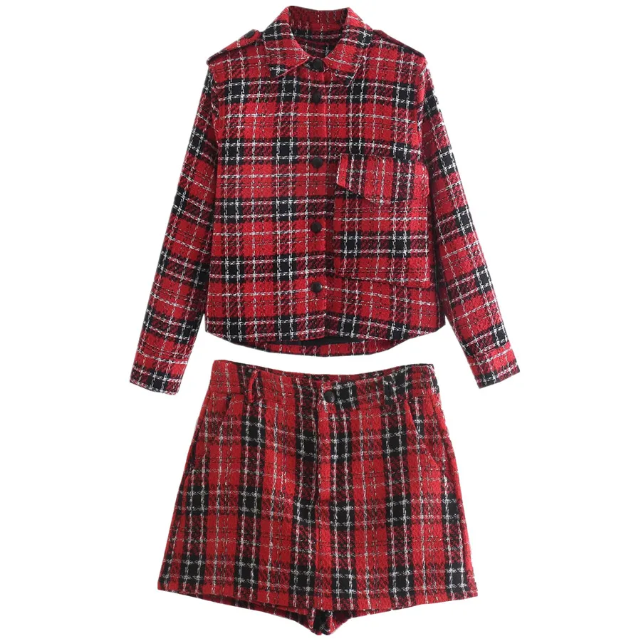 

Withered New Fashion Sets Women England High Street Plaid Texture Winter Jacket Women Tops Vintage High Waist Harem Shorts Women