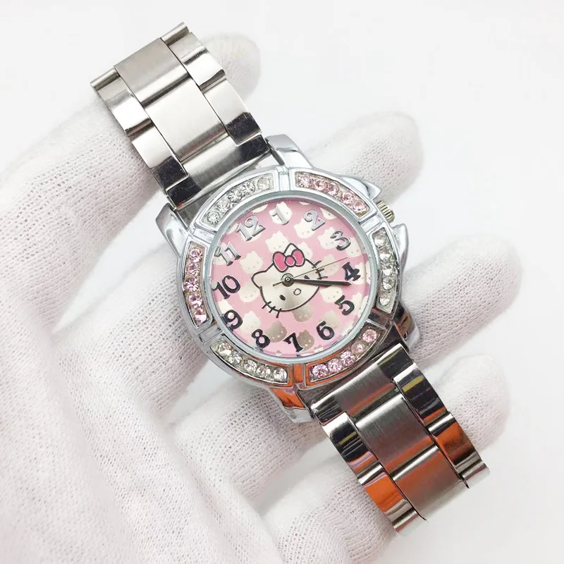 Забавный розовый кот часы дамы классический дизайн женские кварцевые сверкающий