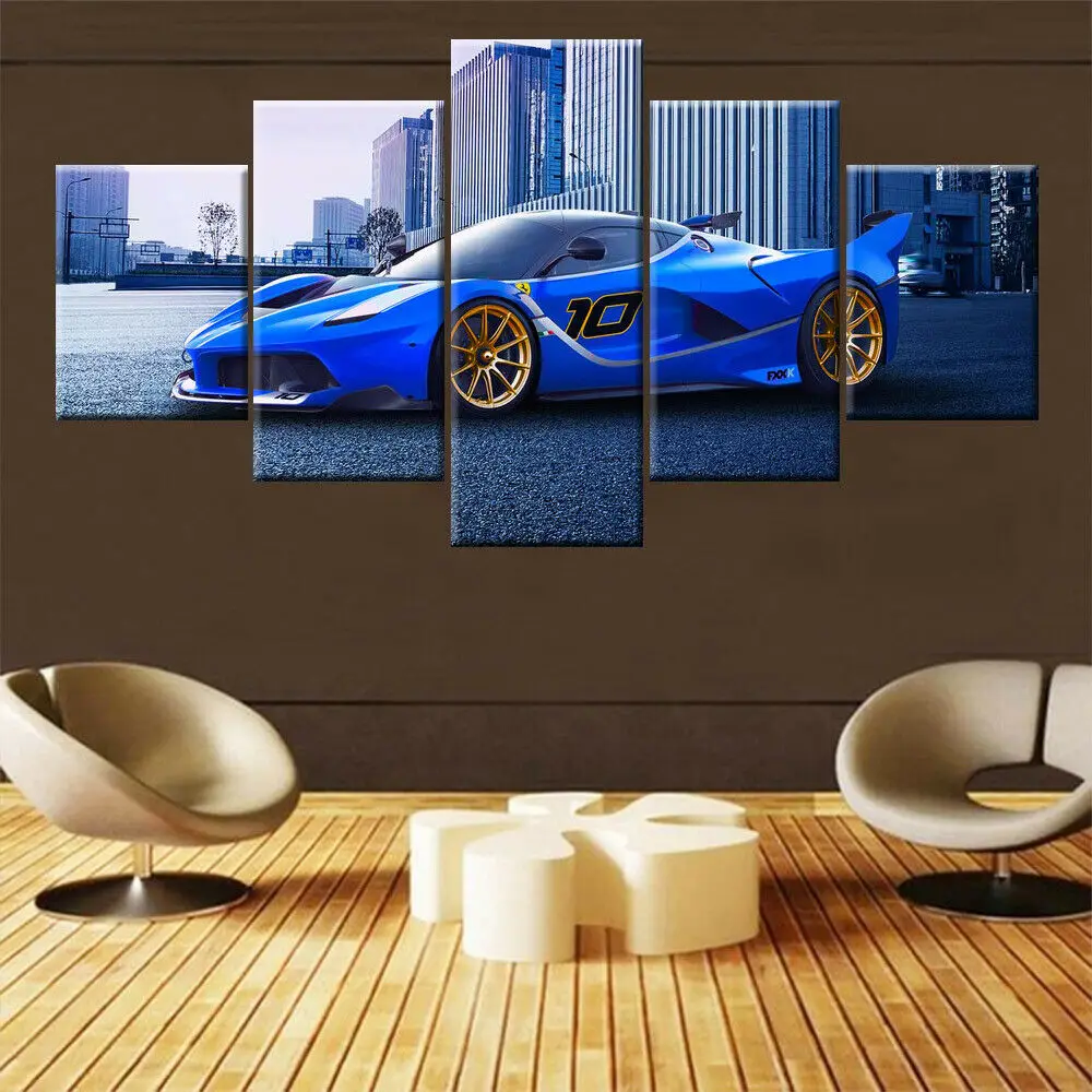 

No Framed Canvas 5Pcs Blue Luxury Sports Car Life Wall Art Posters Pictures Home Decor Accessories Living Room Bedroom Paintings