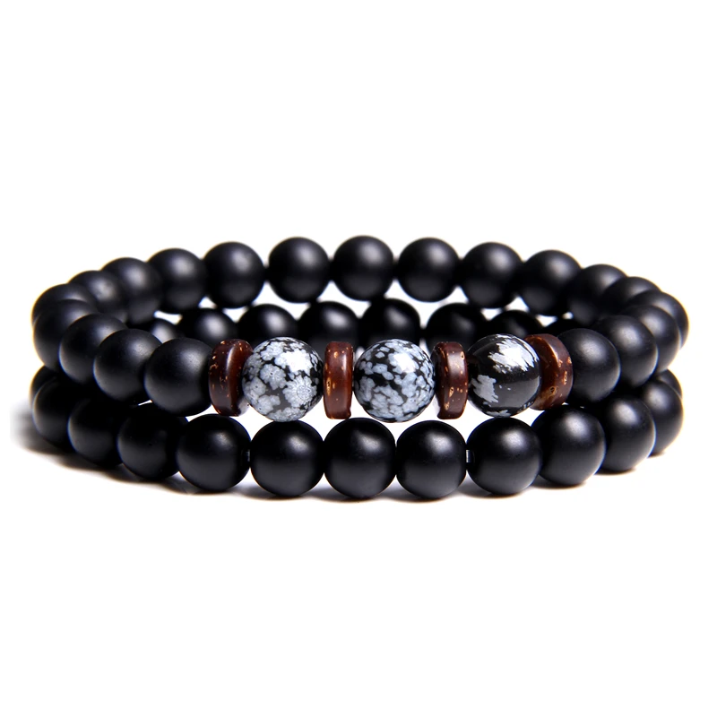 2 шт. Браслеты Дружбы мужские модные полированные черные круглые бусины из оникса