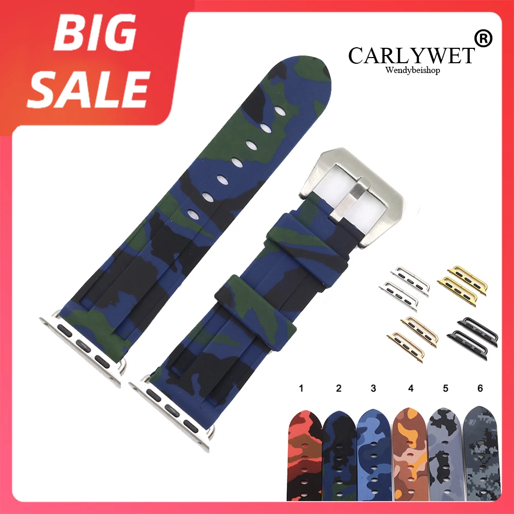 

CARLYWET 38 40 42 44mm Top Quality Camo Waterproof Silicone Rubber Replacement Wrist Watchband Loops For Iwatch Series 4/3/2/1